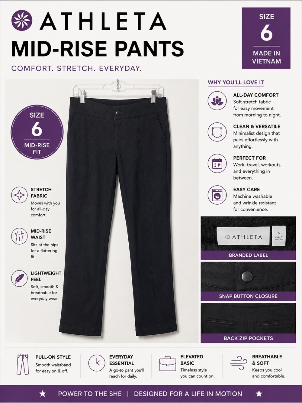 Athleta Black Mid-Rise Pants Size 6